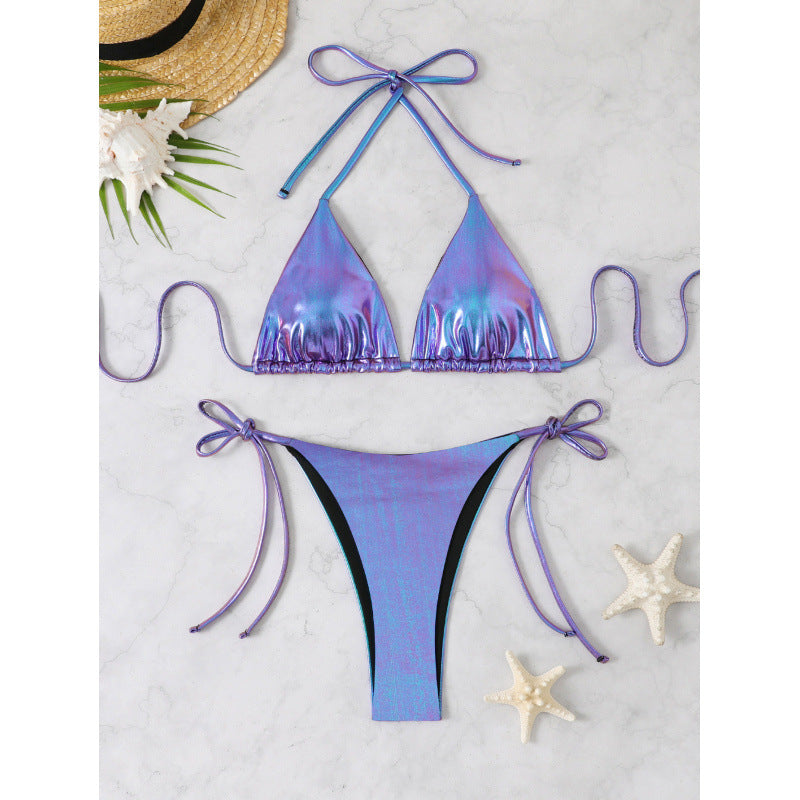 Damen Glänzender Triangel-Bikini mit verstellbaren Trägern Drune