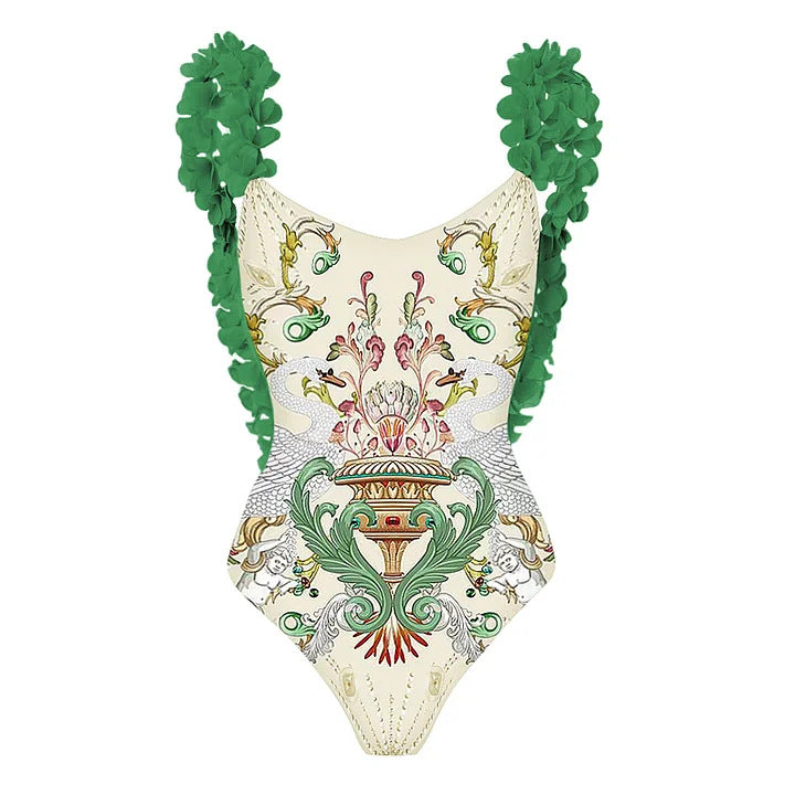 Damen Badeanzug-Set mit floraler Rüschendekoration und elegantem Maxirock Drune