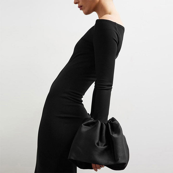 Damen Elegantes Langarm-Maxikleid mit Off-Shoulder-Ausschnitt und Rüschendetails Drune