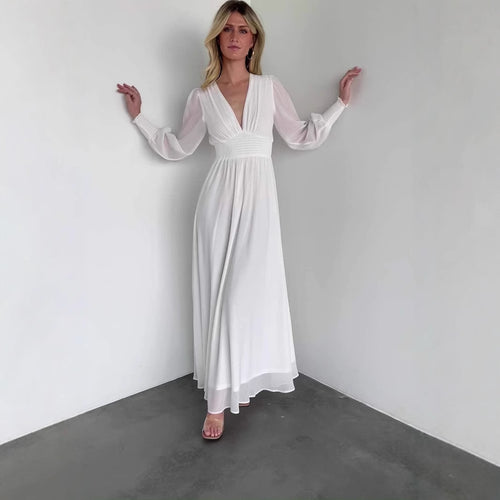 Damen elegantes Maxikleid mit V-Ausschnitt und transparenten Ärmeln Drune