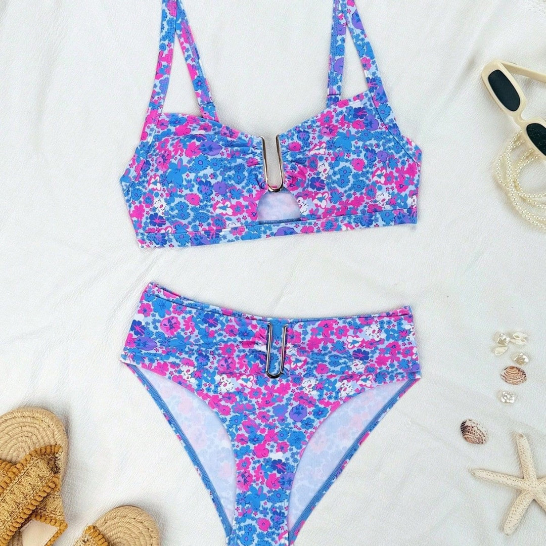 Damen Sportlicher Bikini mit floralen Mustern und Metallakzenten Drune