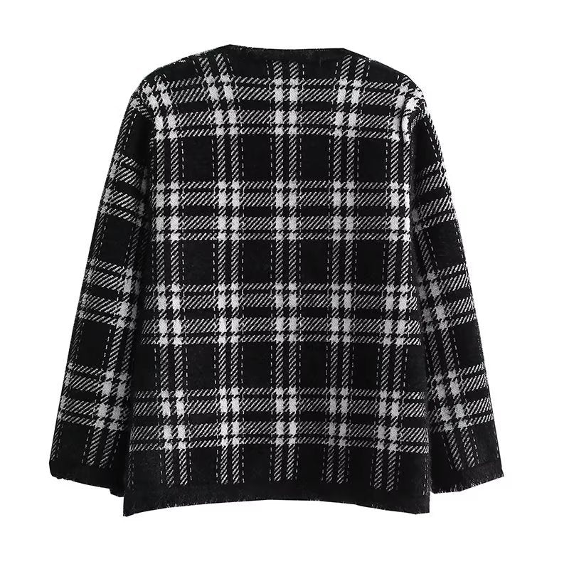 Damen modische Langenjacke mit Karomuster und eleganten Knopfdetails Drune