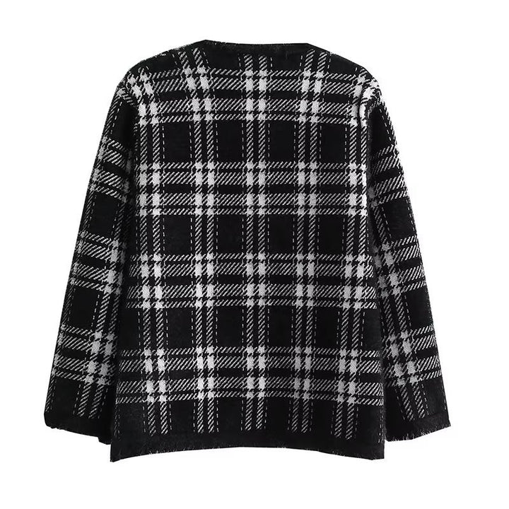 Damen modische Langenjacke mit Karomuster und eleganten Knopfdetails Drune