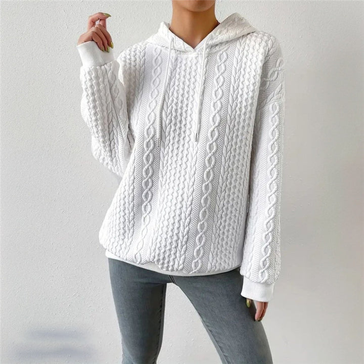 Damen Hochwertiger Strickpullover mit Kapuze und dekorativem Zopfmuster Drune
