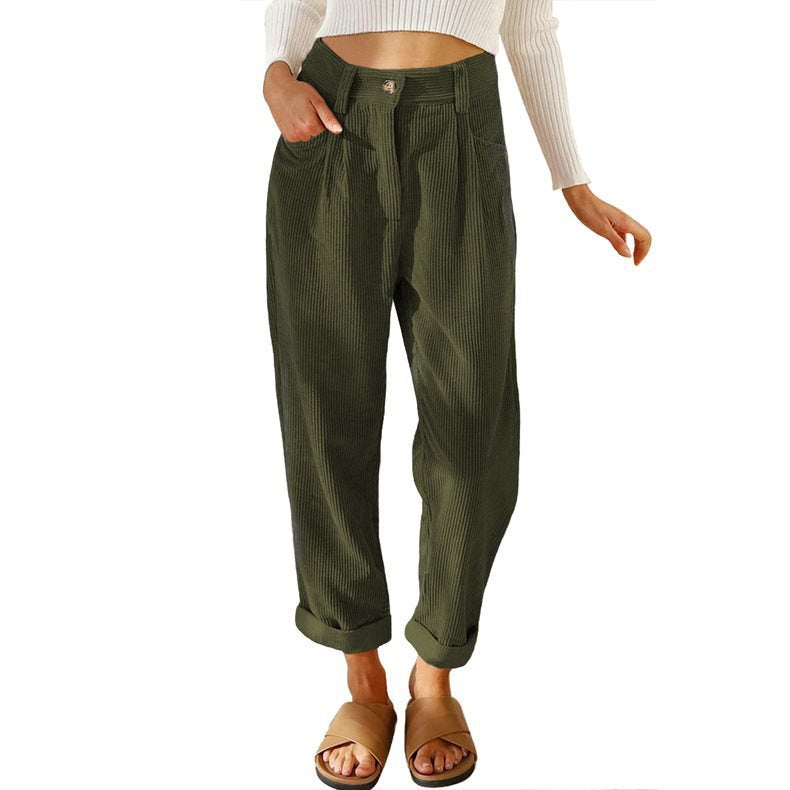 Damen Bequeme und elegante Hochtaillierte Hose mit feinem Rippmuster Drune