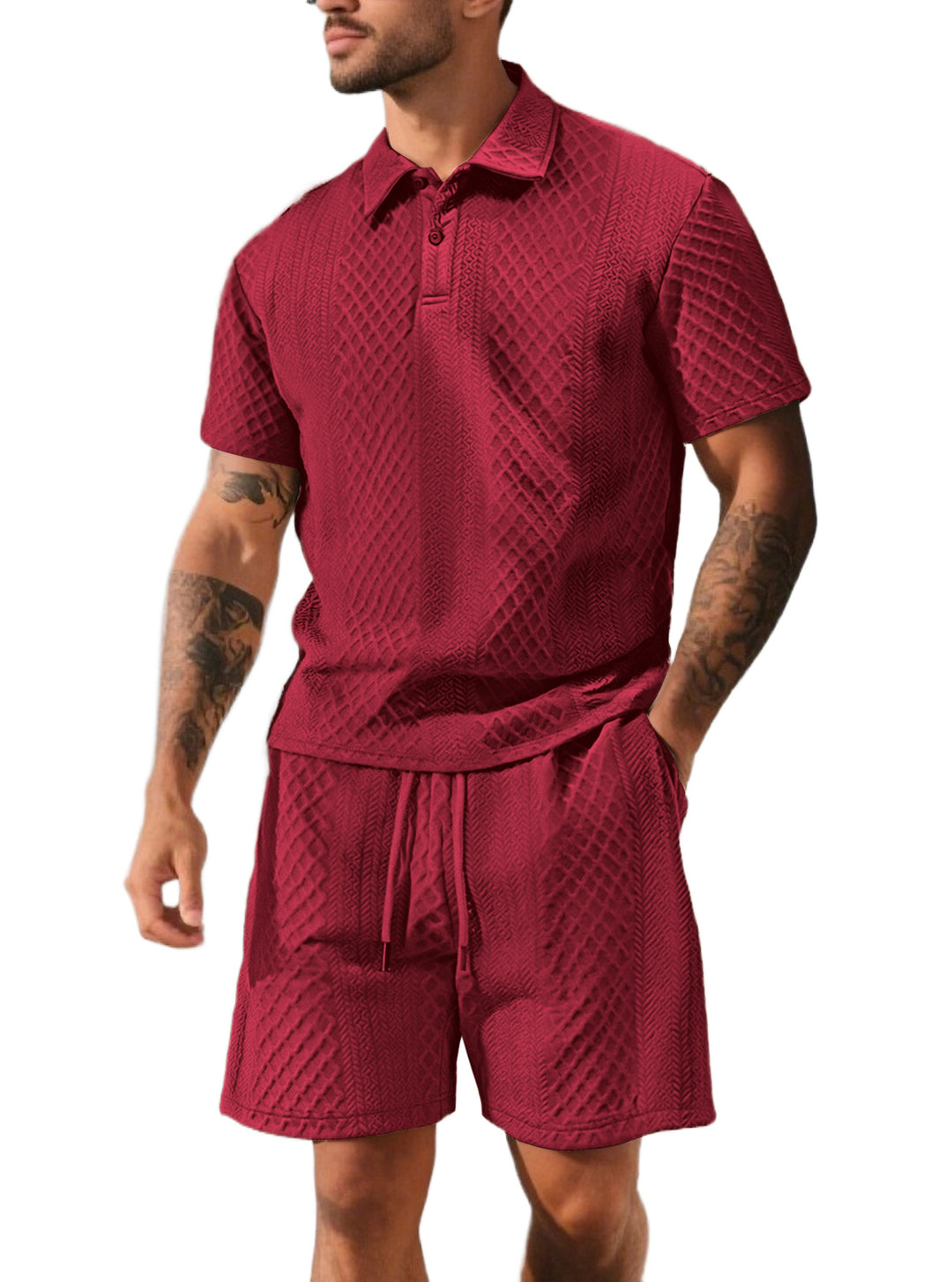 Herren nan strukturiertes Poloshirt- und Bermudashorts-Set aus gesteppter Baumwollmischung Drune