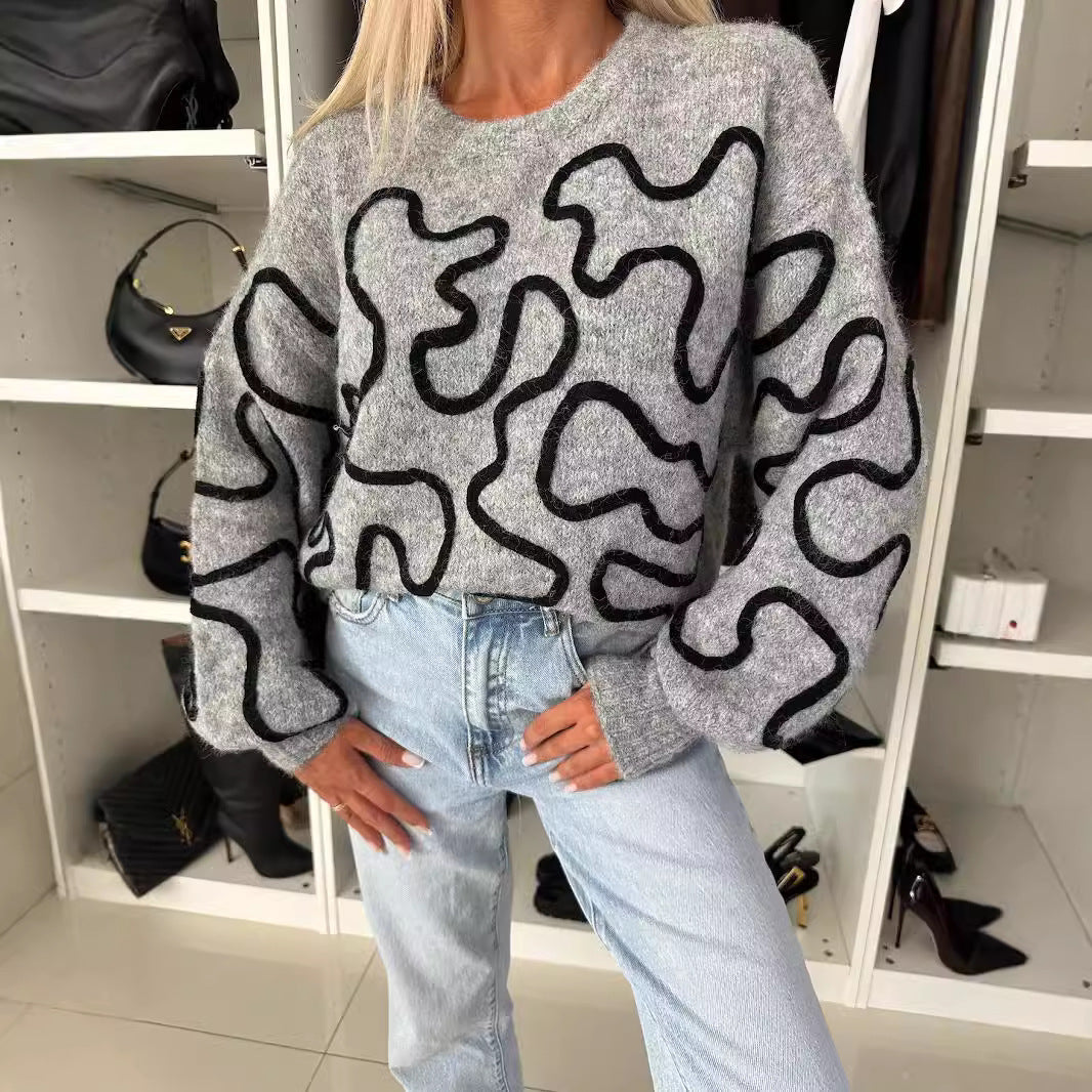 Damen gemütlicher Strickpullover mit künstlerischem Muster Drune