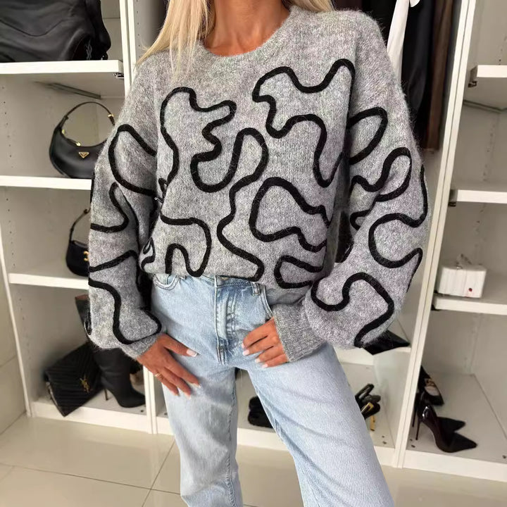 Damen gemütlicher Strickpullover mit künstlerischem Muster Drune