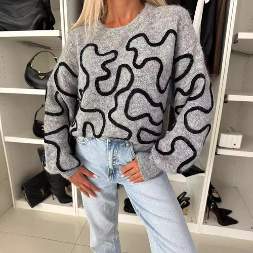 Damen gemütlicher Strickpullover mit künstlerischem Muster Drune