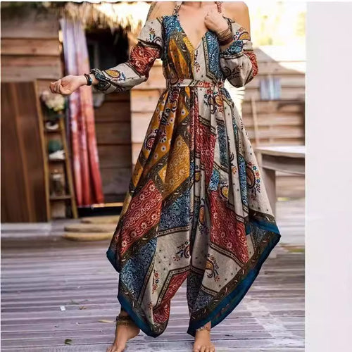 Damen Langes Wickelkleid mit verspieltem Muster und off-shoulder Design Drune