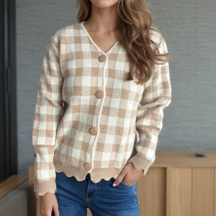 Damen Strickjacke mit Kontrastmuster und Knopfdetails Drune