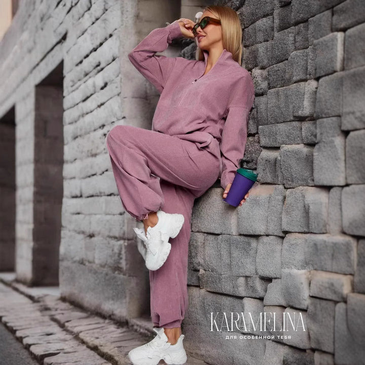 Damen sportliches Fleece-Set mit hohem Kragen und weitem Bein Drune
