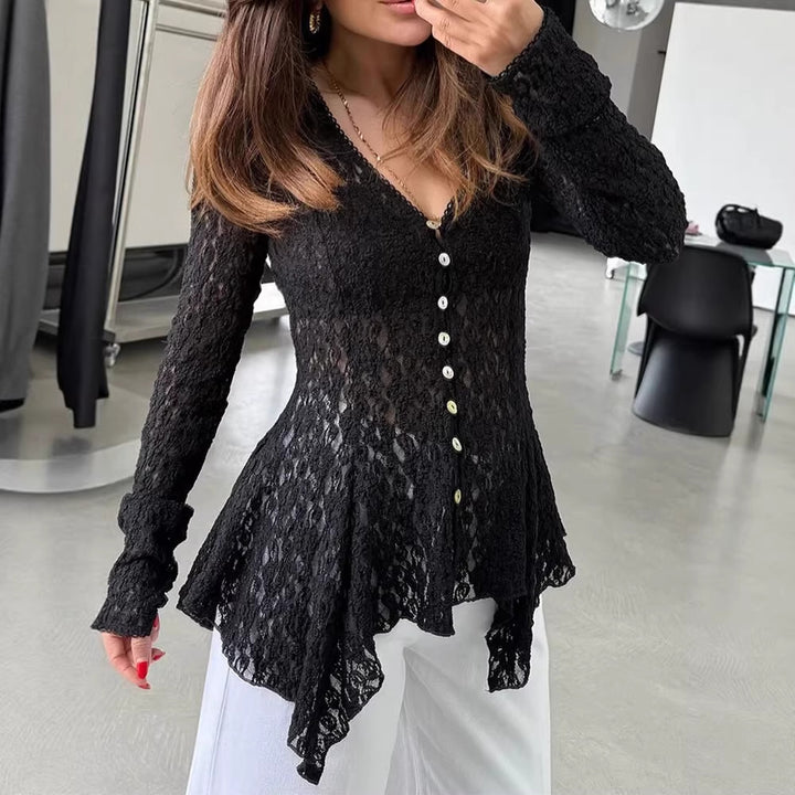 Damen romantische Spitzenbluse mit asymmetrischem Saum und Knopfdetails Drune