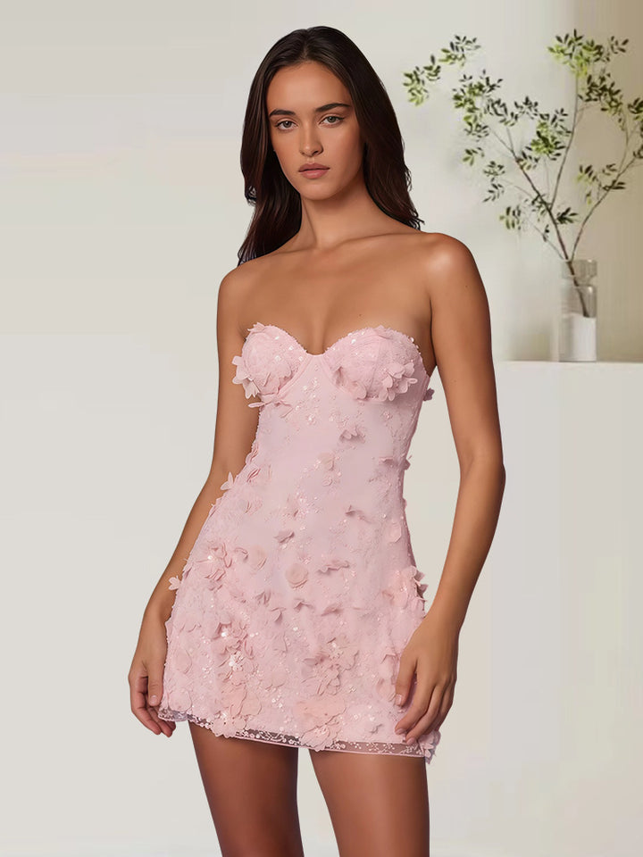 Damen Cocktailkleid mit schulterfreiem Design und floralem 3D-Applikationen Drune