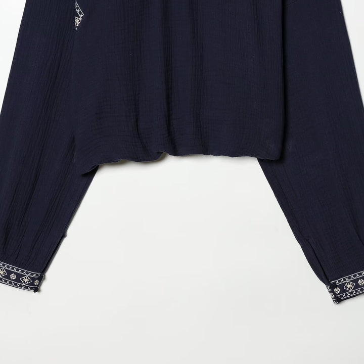 Damen nan bestickte Boho-Bluse mit gerafftem Stehkragen, Ballonärmeln und kurzem Saum Drune