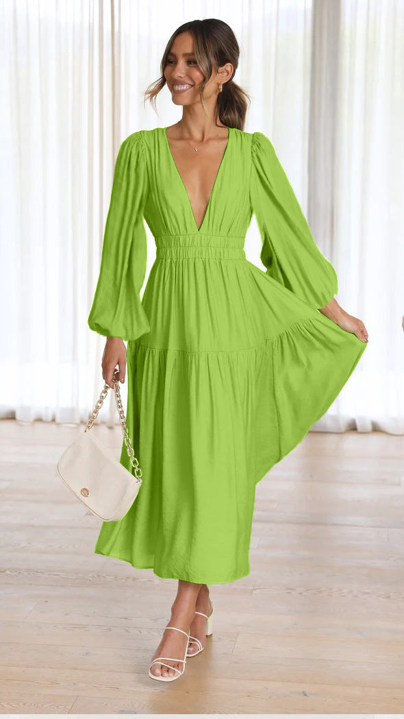 Damen Langarm Maxikleid mit tiefem V-Ausschnitt und weitem Rock Drune