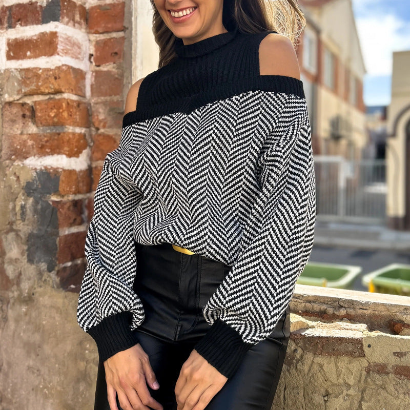 Damen trendiger Pullover mit Schulterauschnitt und modernem Zickzackmuster Drune