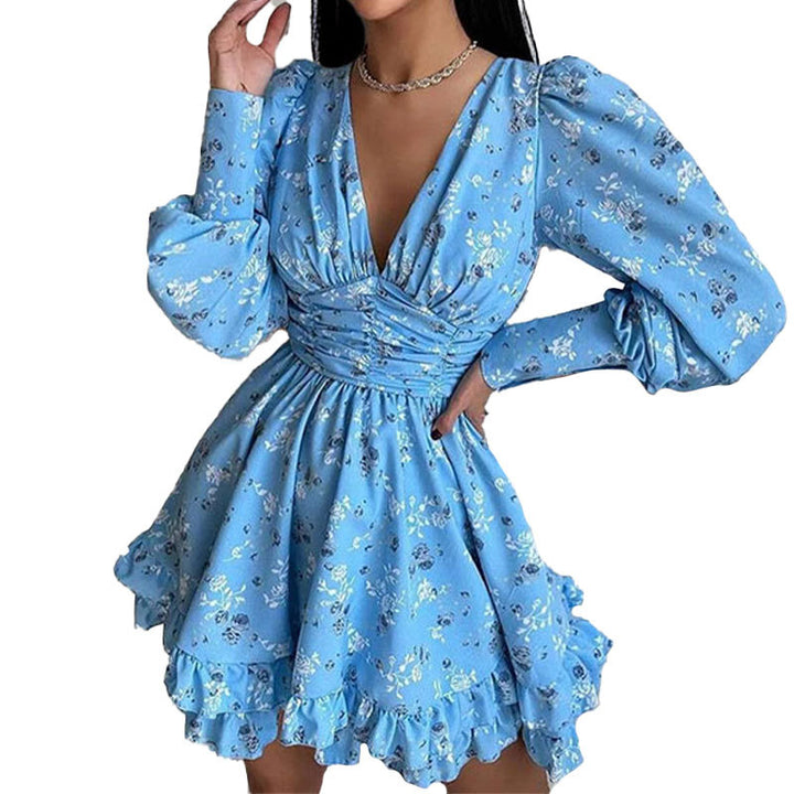 Damen Verspieltes Blumenkleid mit voluminösen Ärmeln und gerafftem Rock Drune