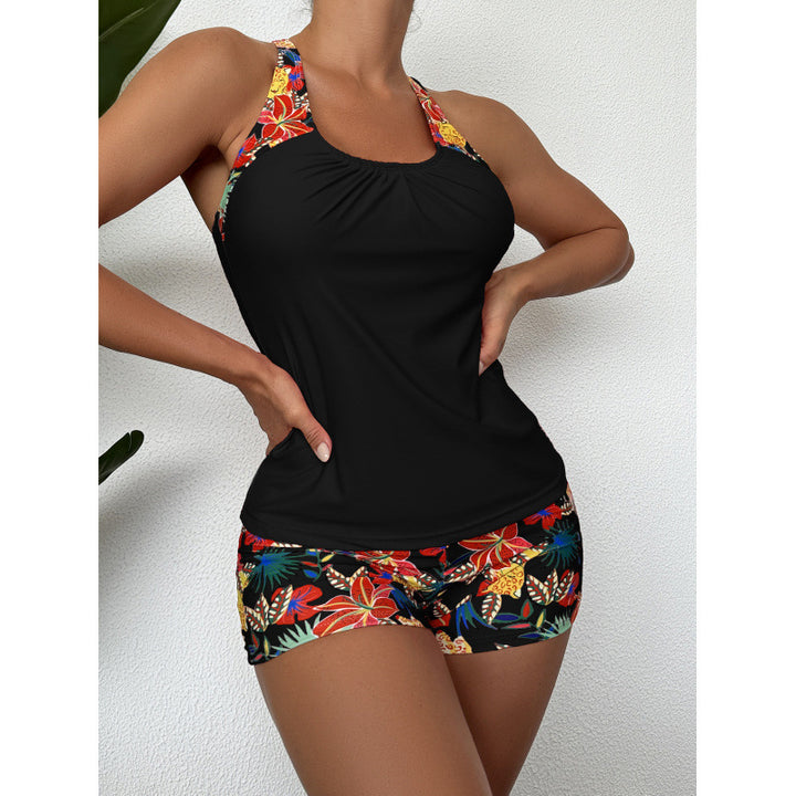 Damen Sportliches Badeanzug-Set mit Cross-Back-Design und Blumenmuster Drune