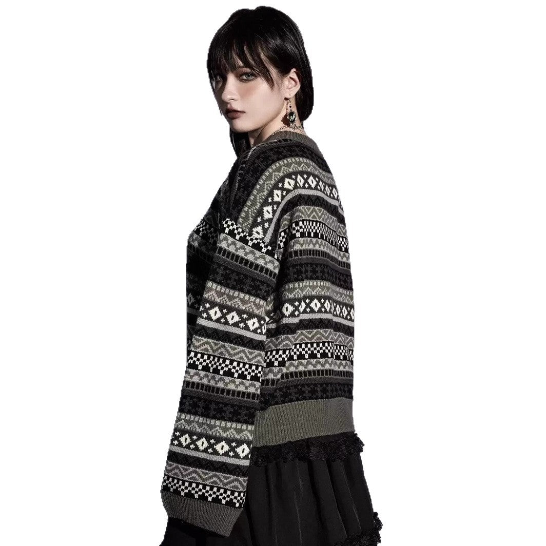 Damen modischer Pullover mit geometrischem Norweger-Muster und weichem Strickstoff Drune