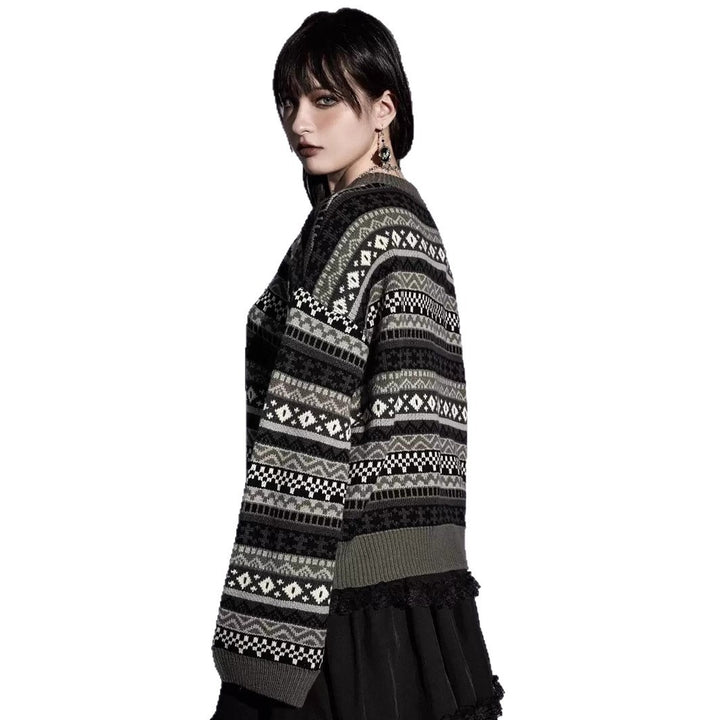 Damen modischer Pullover mit geometrischem Norweger-Muster und weichem Strickstoff Drune