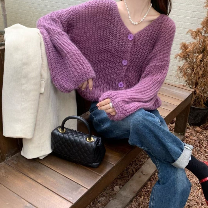 Damen lässiger Cardigan aus grobem Strick mit praktischen Knöpfen Drune