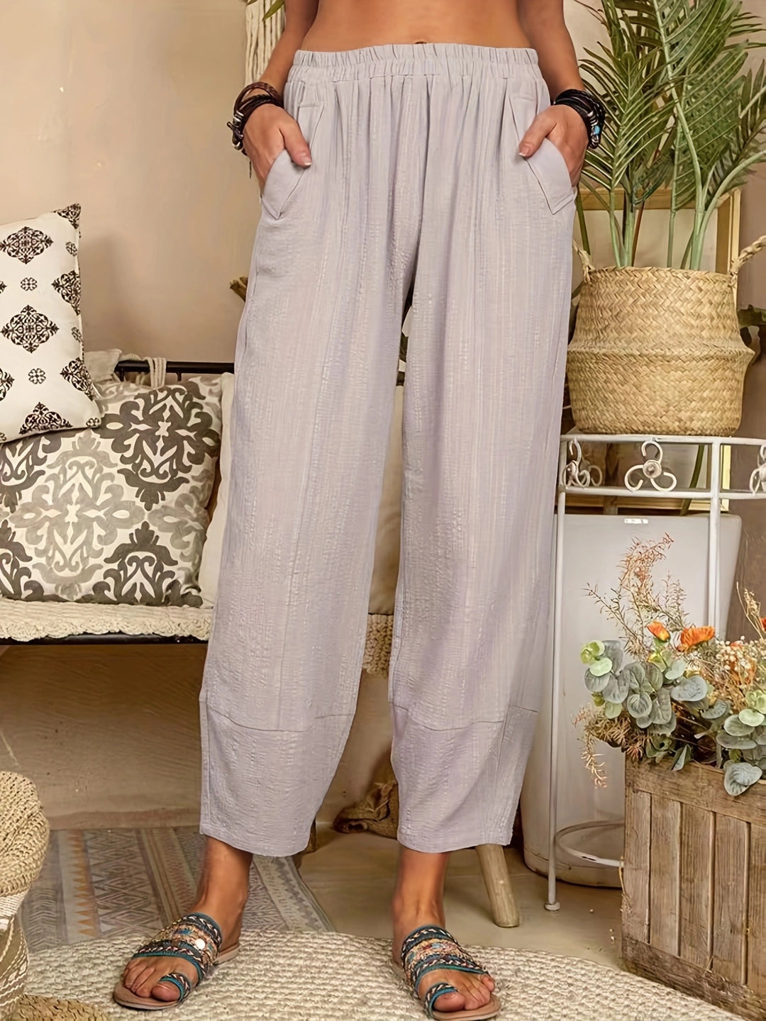 Damen bequeme Sommerhose mit elastischem Bund und praktischen Seitentaschen Drune