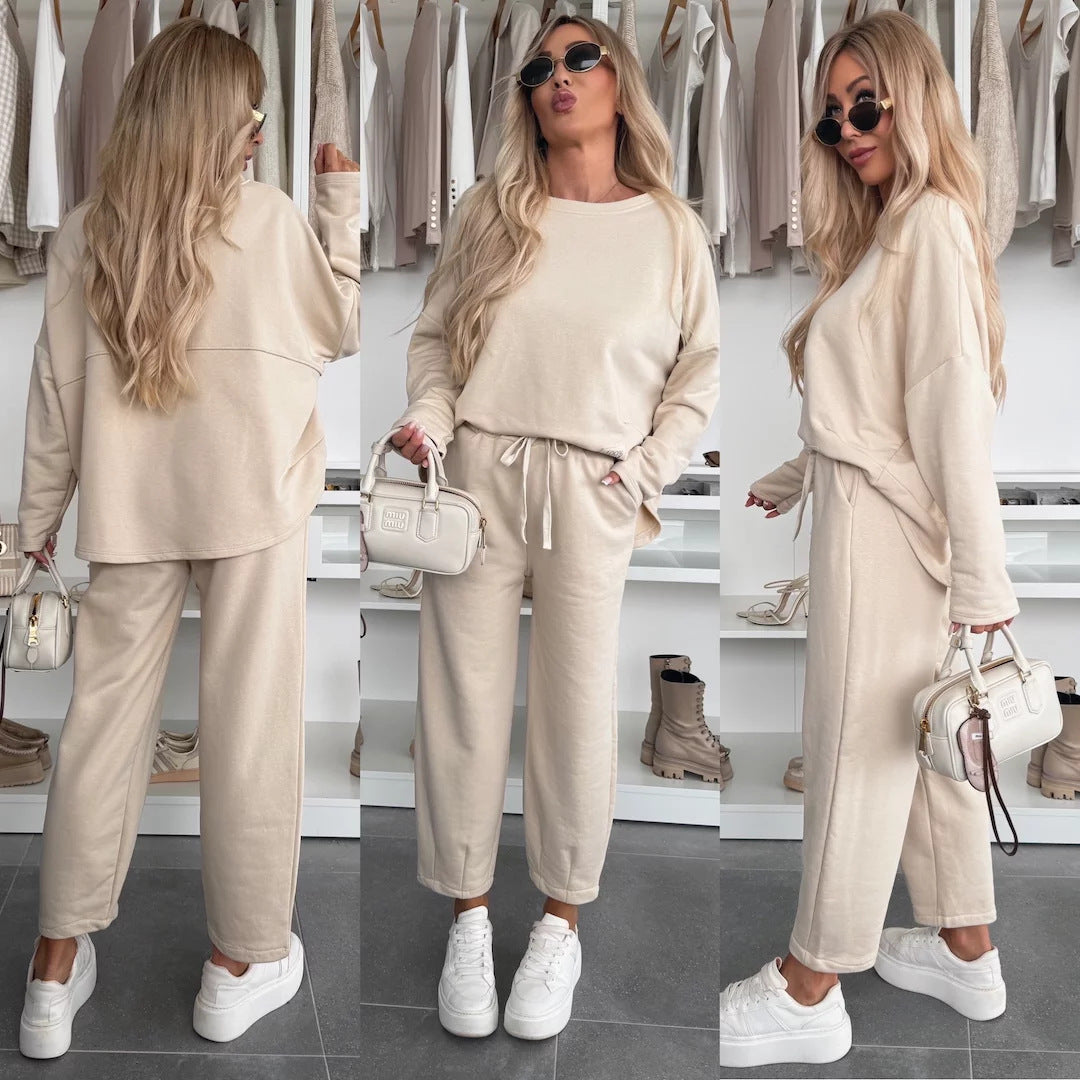Damen lässiges Jogginganzug-Set mit verstellbarem Bund Drune