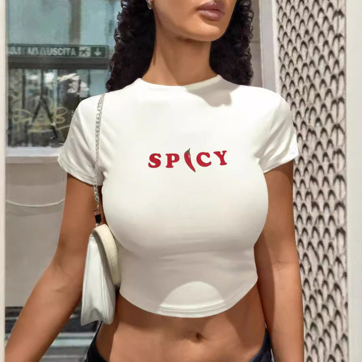 Damen Crop-Top mit kreativem Grafikdesign und modernem Schriftzug Drune