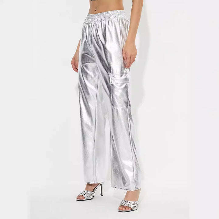 Damen Cargo-Hosen im glänzenden Metallic-Look mit elastischem Bund Drune