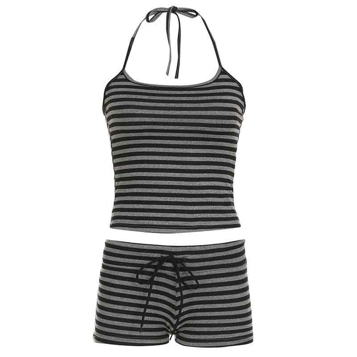 Damen gestreiftes Sportoberteil und Shorts Set Drune