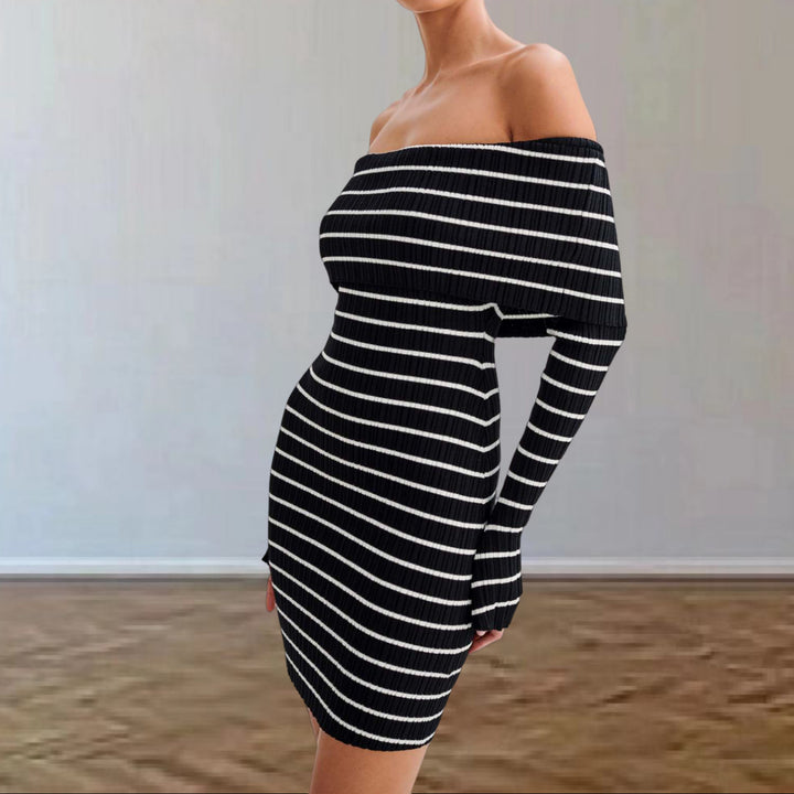 Damen Off-Shoulder Strickkleid mit langen Ärmeln und Streifenmuster Drune