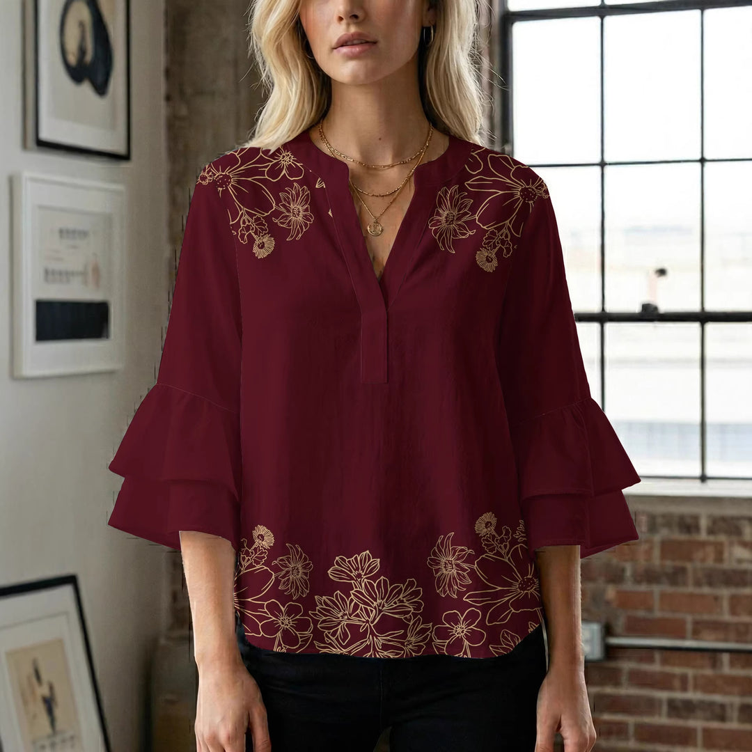 Damen Bluse mit voluminösen Rüschenärmeln und floralem Druck Drune