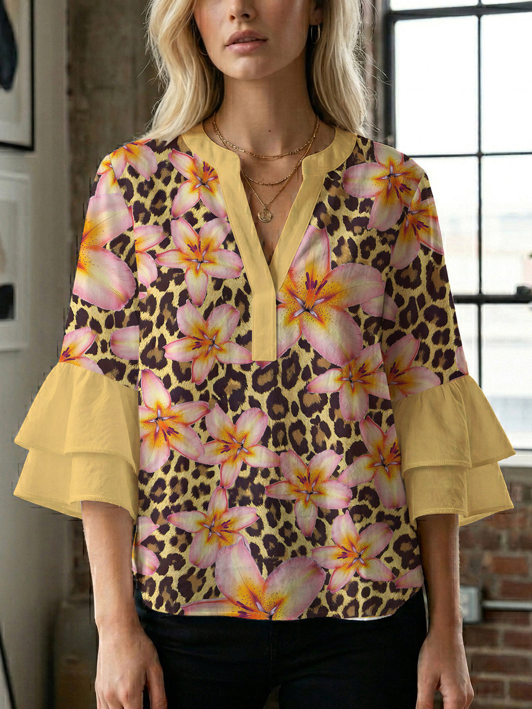 Damen lässige Bluse mit Volantärmeln und botanischem Druck Drune
