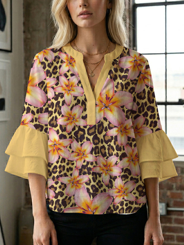 Damen lässige Bluse mit Volantärmeln und botanischem Druck Drune