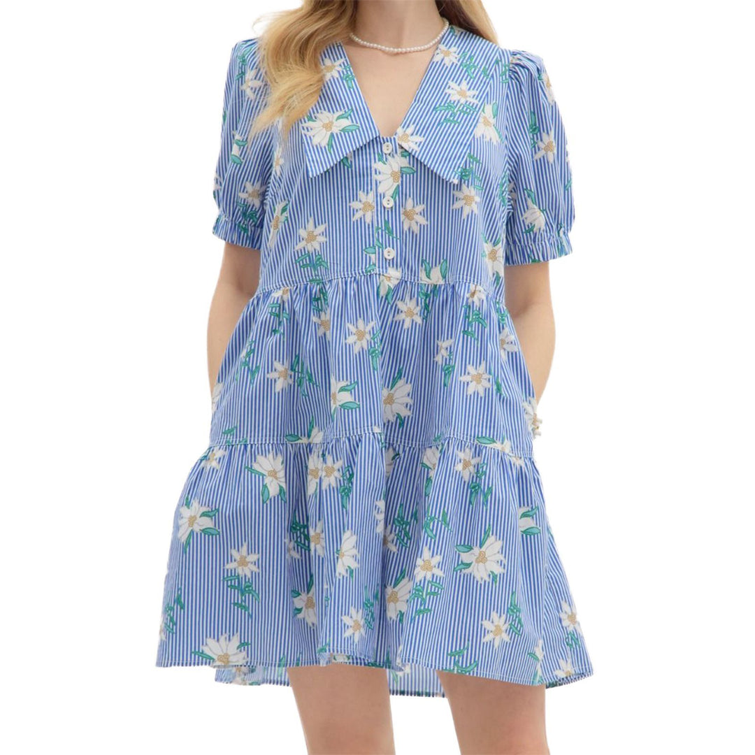Damen Blumen Kleid mit gestreiftem Design und Knopfleiste Drune