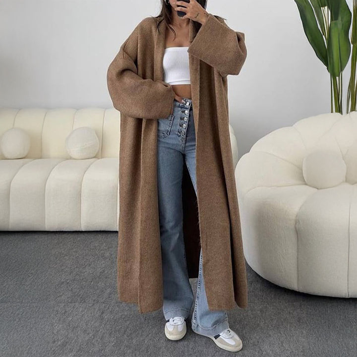 Damen nan extra-langer Oversize-Strickmantel mit offenem Schnitt, weiten Ärmeln und Kimonokragen Drune