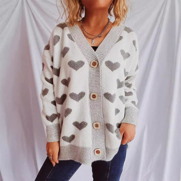 Damen Strickjacke mit herzförmigem Muster und Knopfdetails Drune