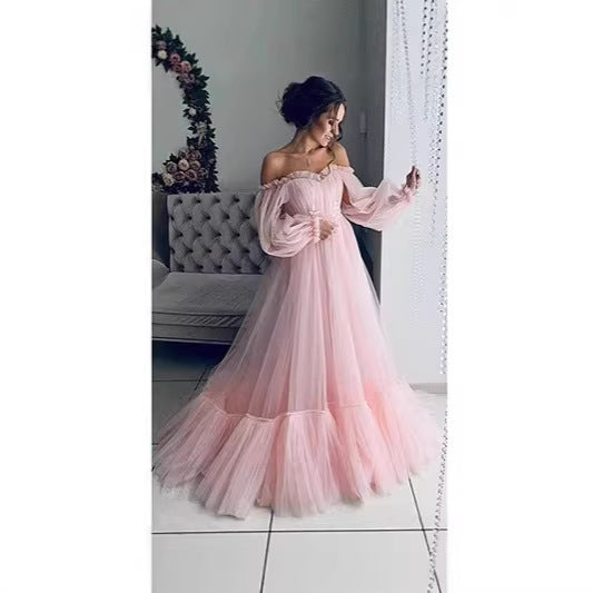 Damen Tüll Abendkleid mit schulterfreiem Design und voluminösen Ärmeln Drune