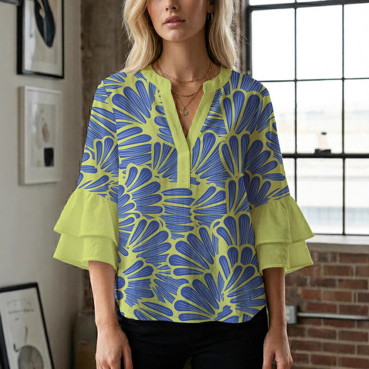 Damen elegantes Blusenshirt mit voluminösen Rüsenärmeln und grafischem Blumendesign Drune