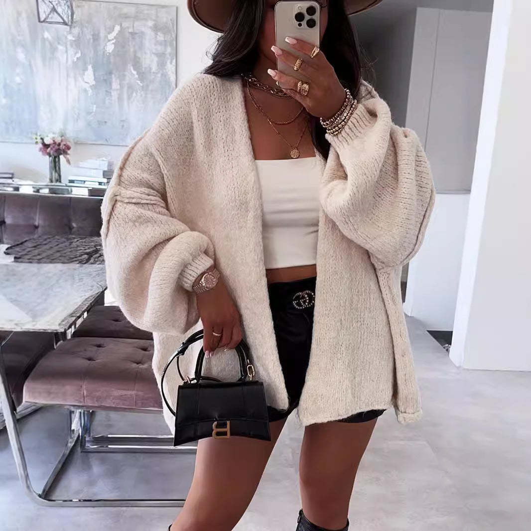 Damen kuschelige Strickjacke mit voluminösen Ärmeln Drune