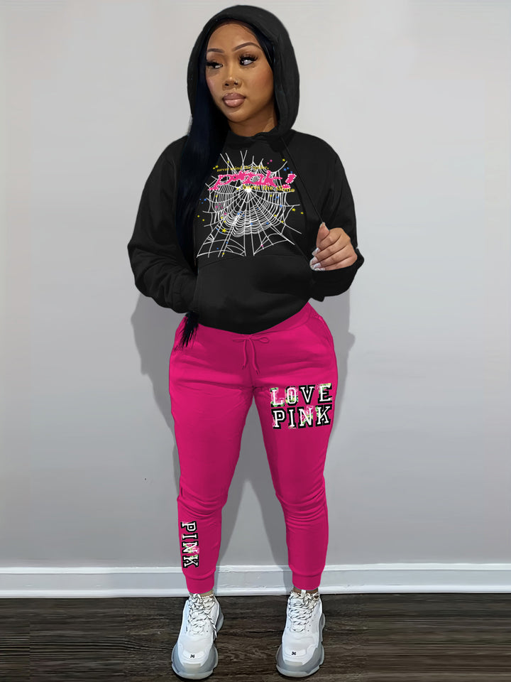 Damen Kapuzensweatshirt und Jogginghose Set mit kreativem Spinnennetz-Motiv Drune