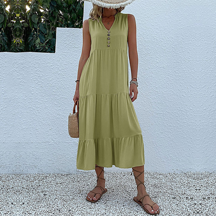 Damen luftiges Maxikleid mit Knopfdetails und Rüschensaum Drune