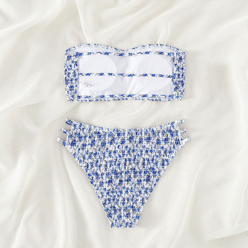 Damen Bandeau-Bikini-Set mit elastischem Rüschendesign und verstellbaren Trägern Drune