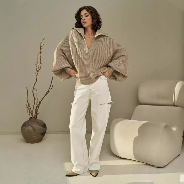 Damen lässiger Strickpullover mit oversized Kragen Drune