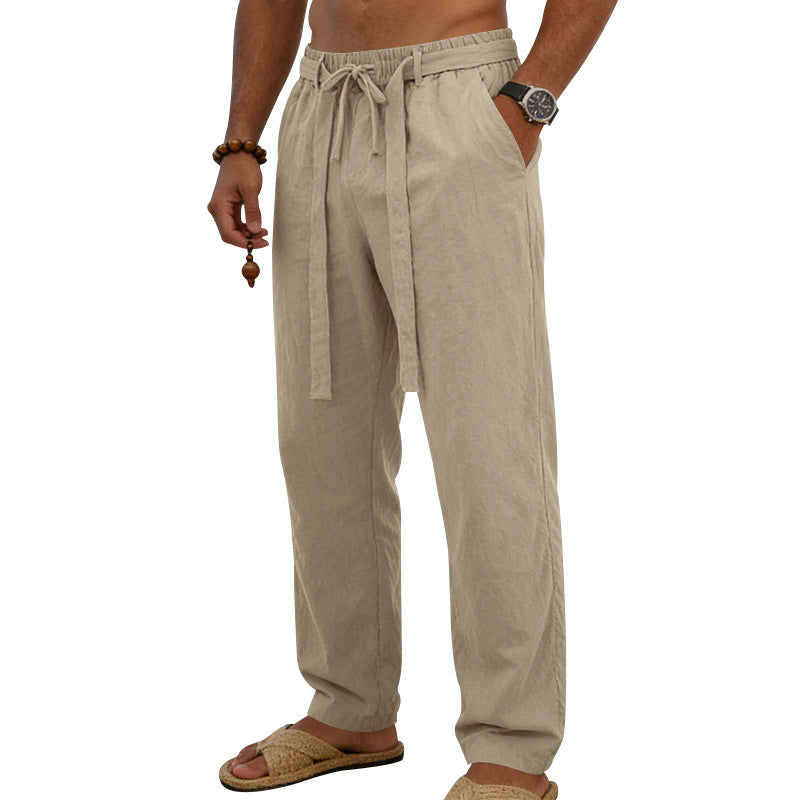 Herren nan leichte Leinen-Loungehose mit elastischem Tunnelzug, dekorativer Bundfalte und geradem Bein Drune