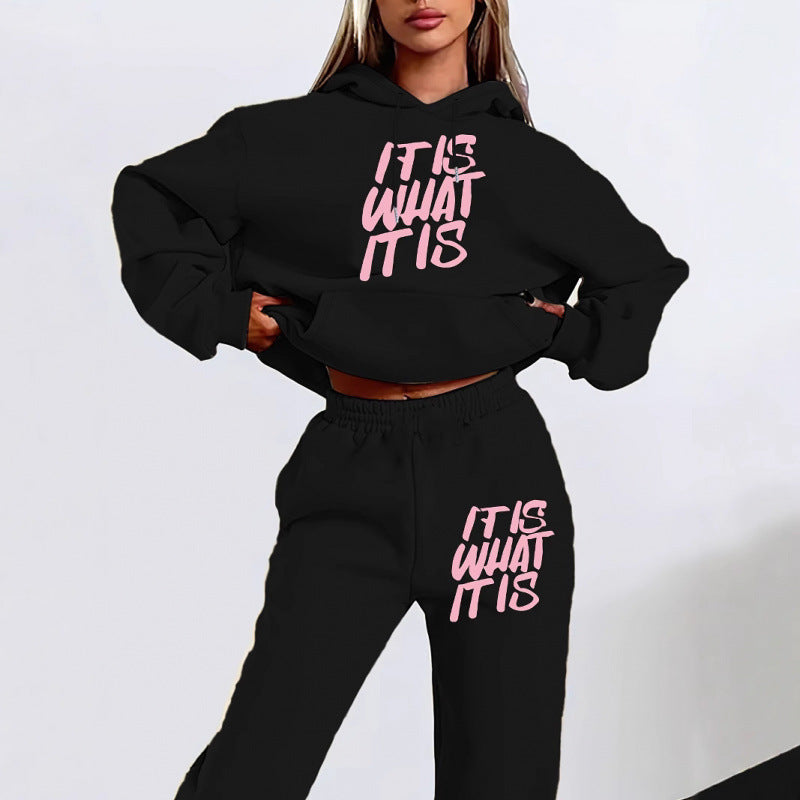 Damen Freizeit-Hoodie und Jogginghose Set mit inspirierendem Schriftzug Drune