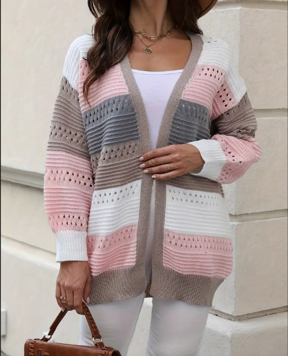 Damen Großer Strickcardigan mit einzigartigem Lochmuster und Farbblockdesign Drune