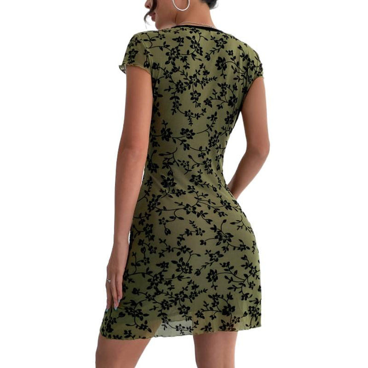 Damen Kurzarmkleid mit floralem Muster und tiefem V-Ausschnitt Drune