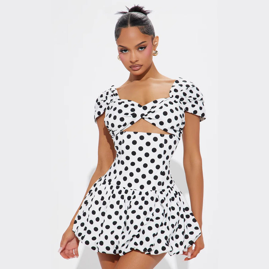 Damen Kurzärmeliges Cocktailkleid mit Puffärmeln und Freizeitausschnitt Drune